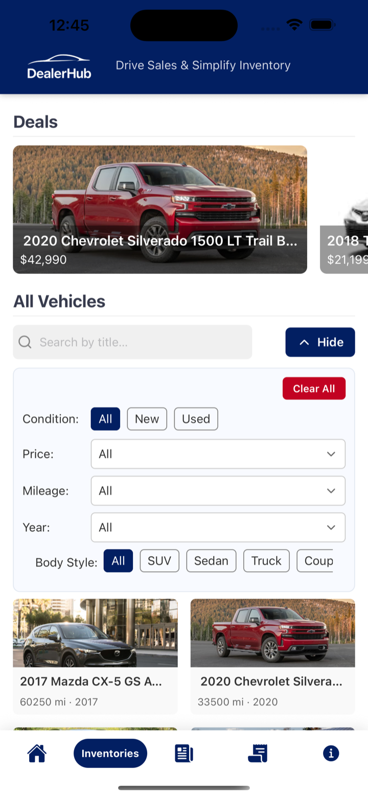 Custom business app with searchable inventory and filters.