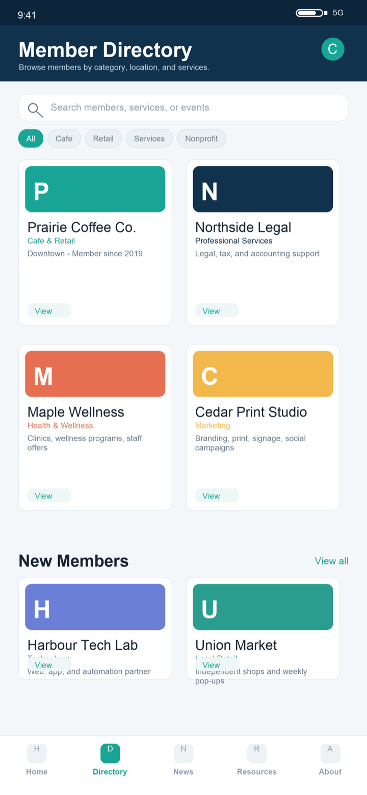 Chamber member directory interface.