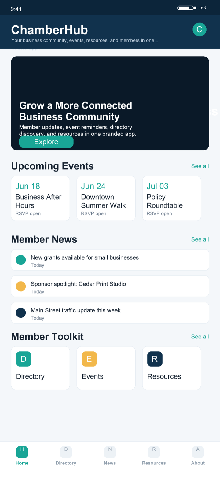 Chamber app home screen with events, member news and resources.